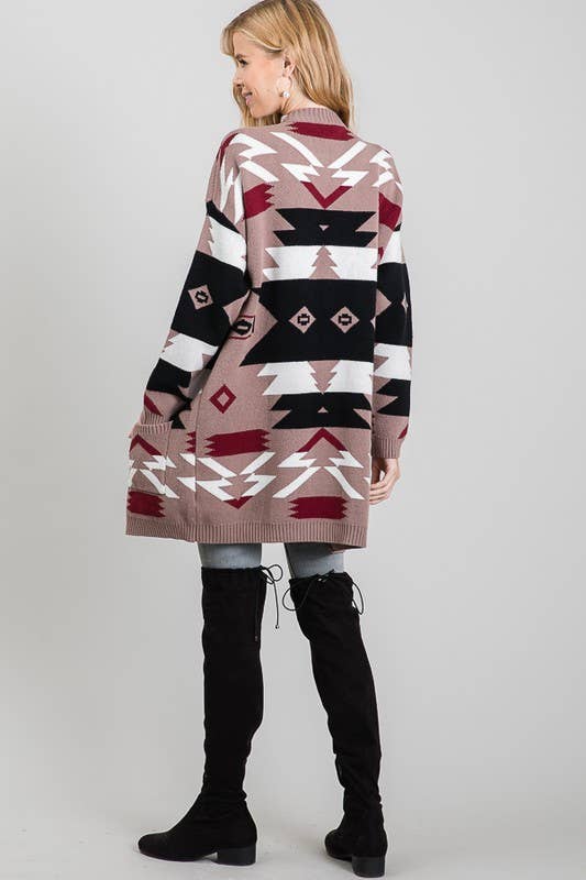 Aztec Tribal Print Cardigan - 5091ICD: MOCHA / S/M