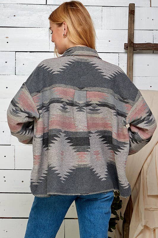 Aztec Print Women's Outerwear Shacket 5133XJK: BLUE / 2XL