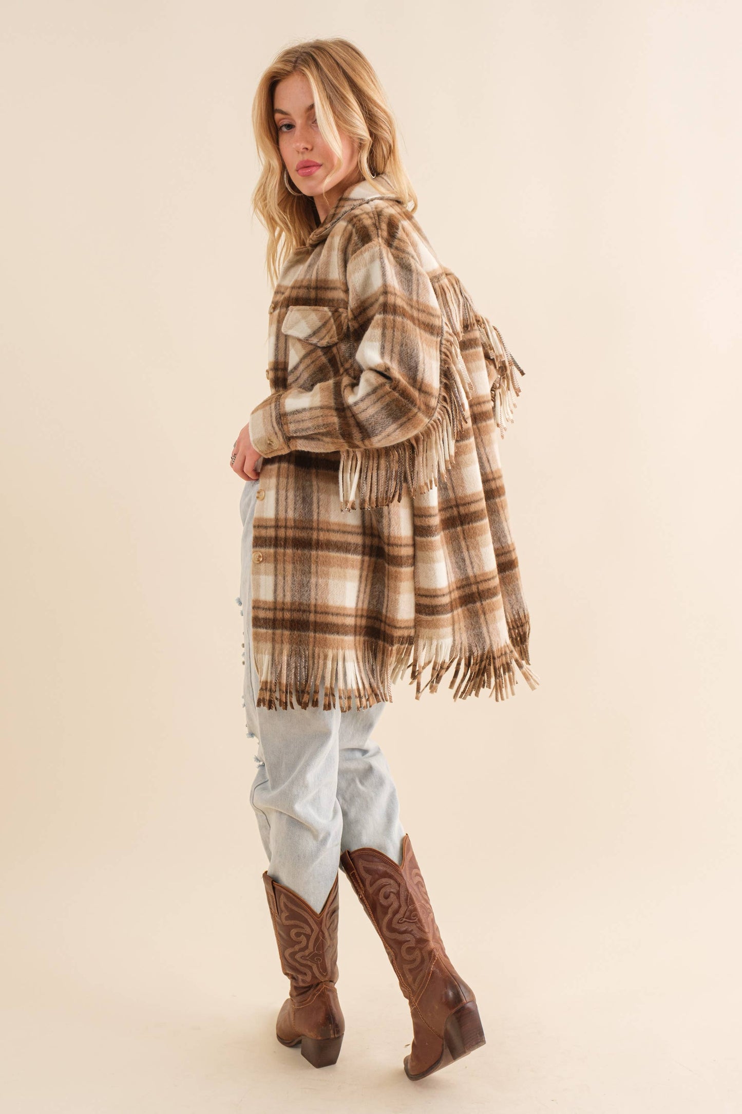 Blue B - 32777J - Yarn Dyed Plaid Chest Pocket Fringe Bottom Jacket: BROWN / M