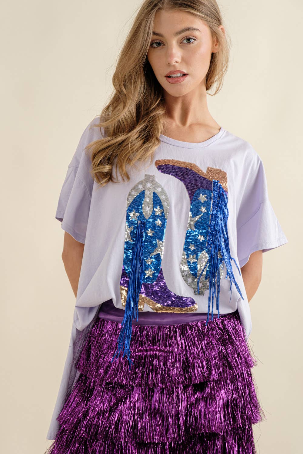 Blue B - 32487T - Cotton Sequin Western Boot Fringe Loose Side Tee: HEATHER GREY / LARGE
