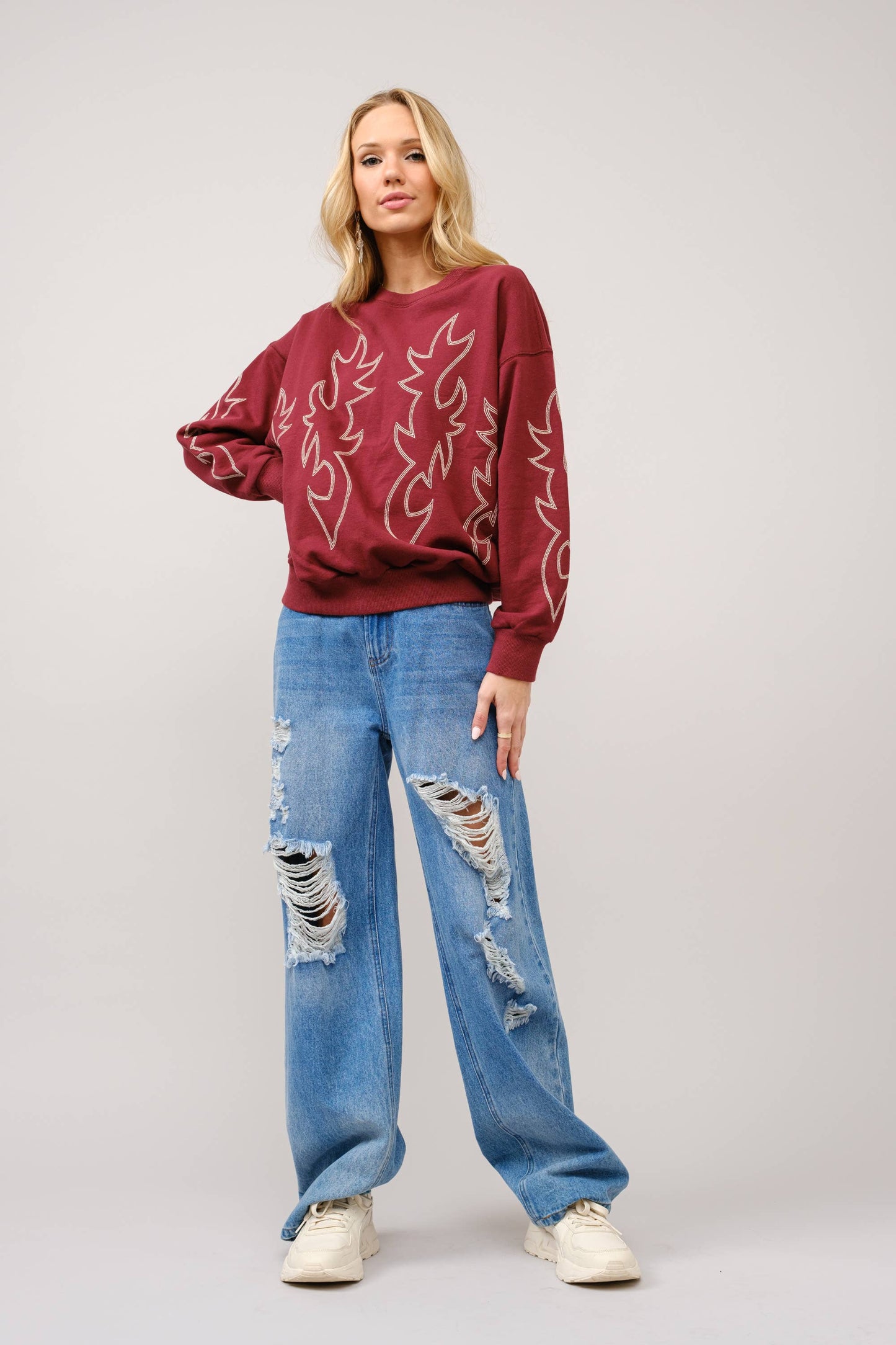 Blue B - 36319T - Western Boots Stitch Pullover Sweatshirt: Red / S-M-L (2-2-2)