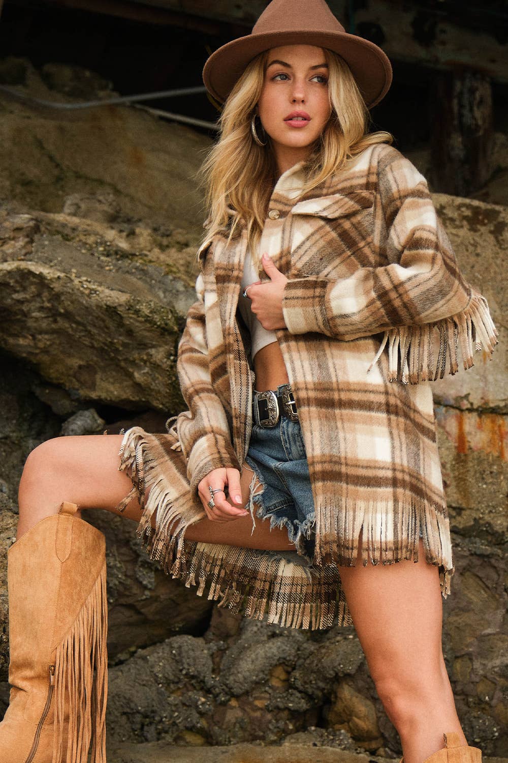 Blue B - 32777J - Yarn Dyed Plaid Chest Pocket Fringe Bottom Jacket: BROWN / S