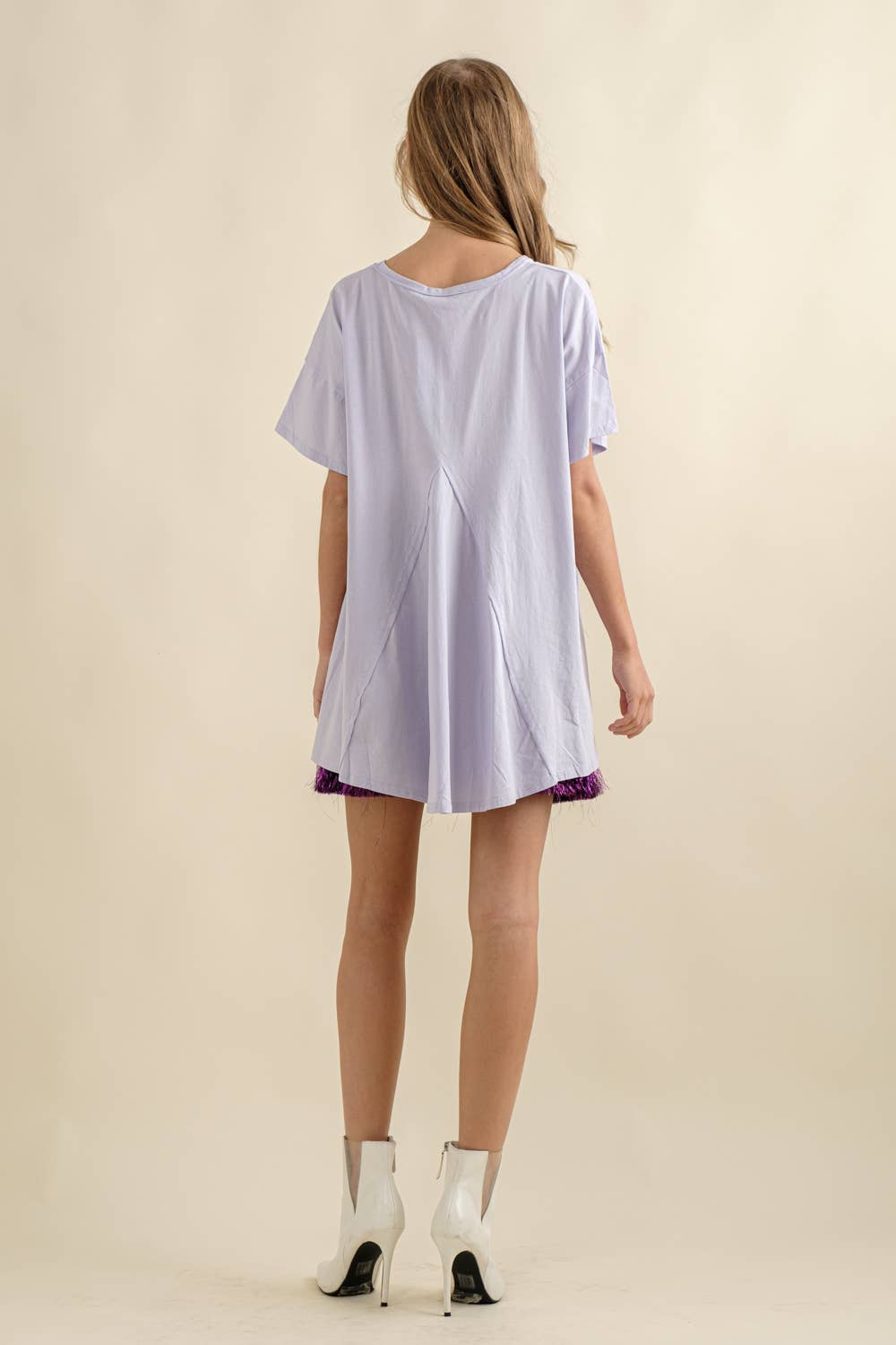 Blue B - 32487T - Cotton Sequin Western Boot Fringe Loose Side Tee: HEATHER GREY / LARGE