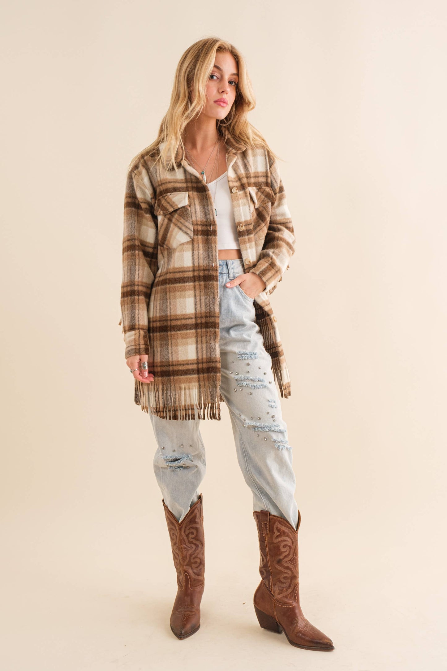 Blue B - 32777J - Yarn Dyed Plaid Chest Pocket Fringe Bottom Jacket: BROWN / S