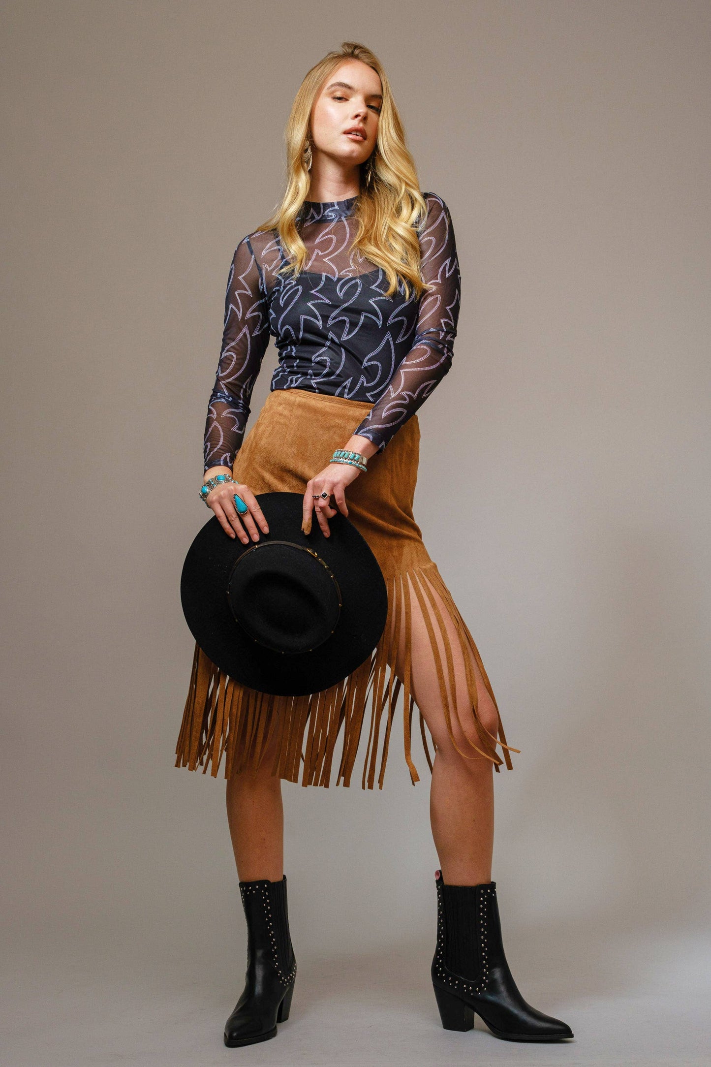 Blue B - 36349T - Boots Stitch Throughout Mesh Mock Neck Fitted Top: DARK BROWN / S-M-L (2-2-2)