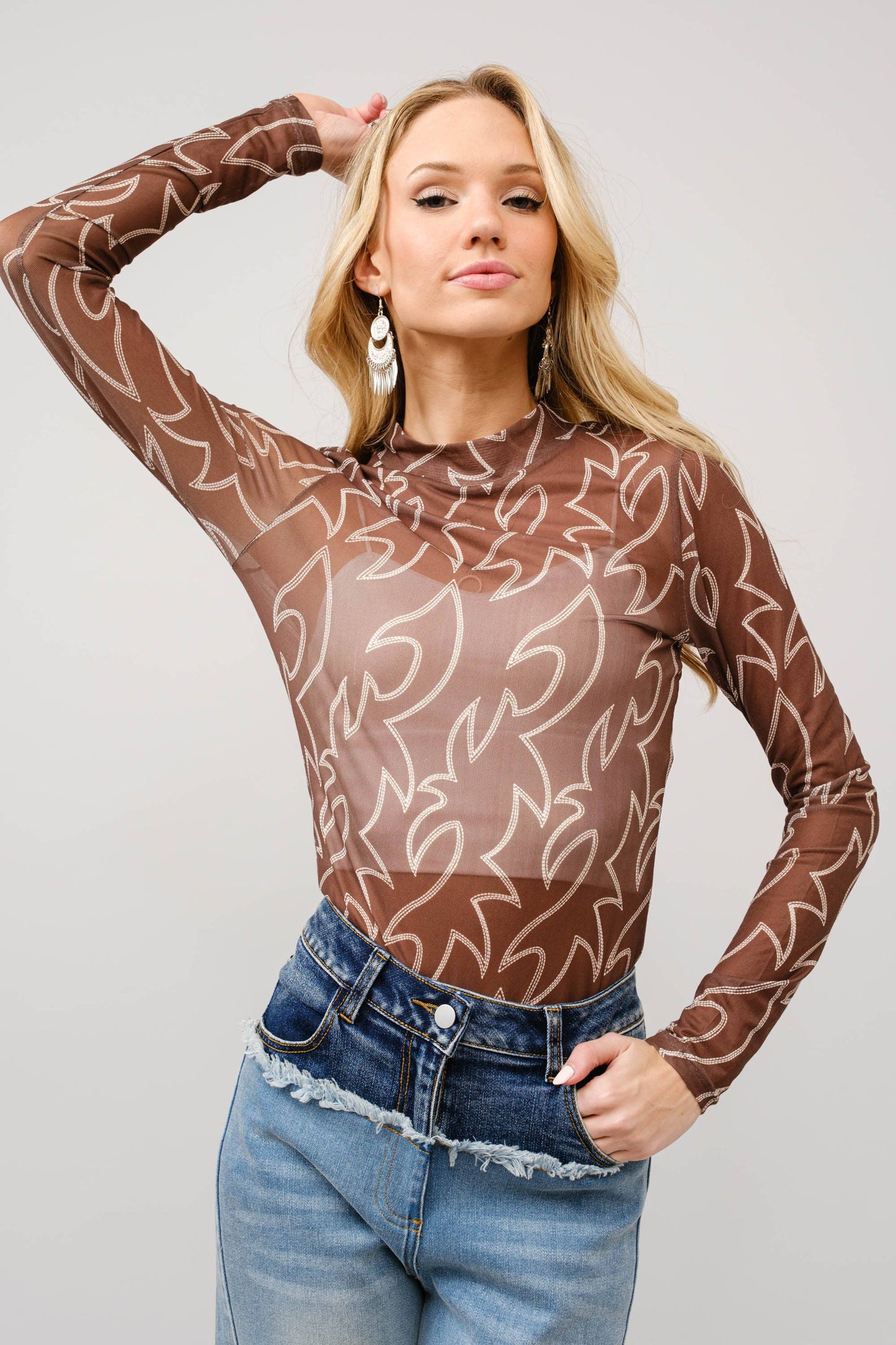 Blue B - 36349T - Boots Stitch Throughout Mesh Mock Neck Fitted Top: DARK BROWN / S-M-L (2-2-2)