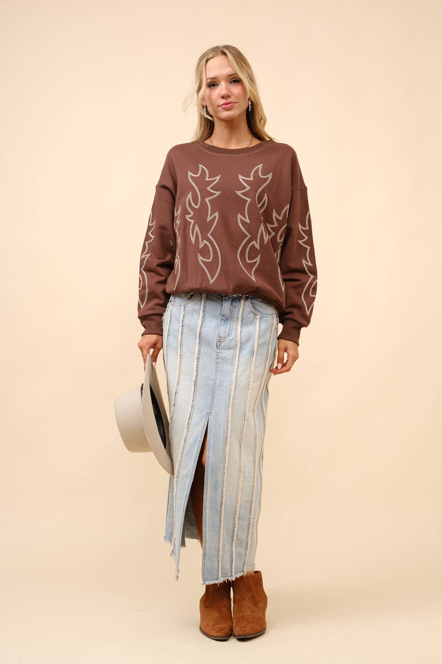 Blue B - 36319T - Western Boots Stitch Pullover Sweatshirt: Red / S-M-L (2-2-2)