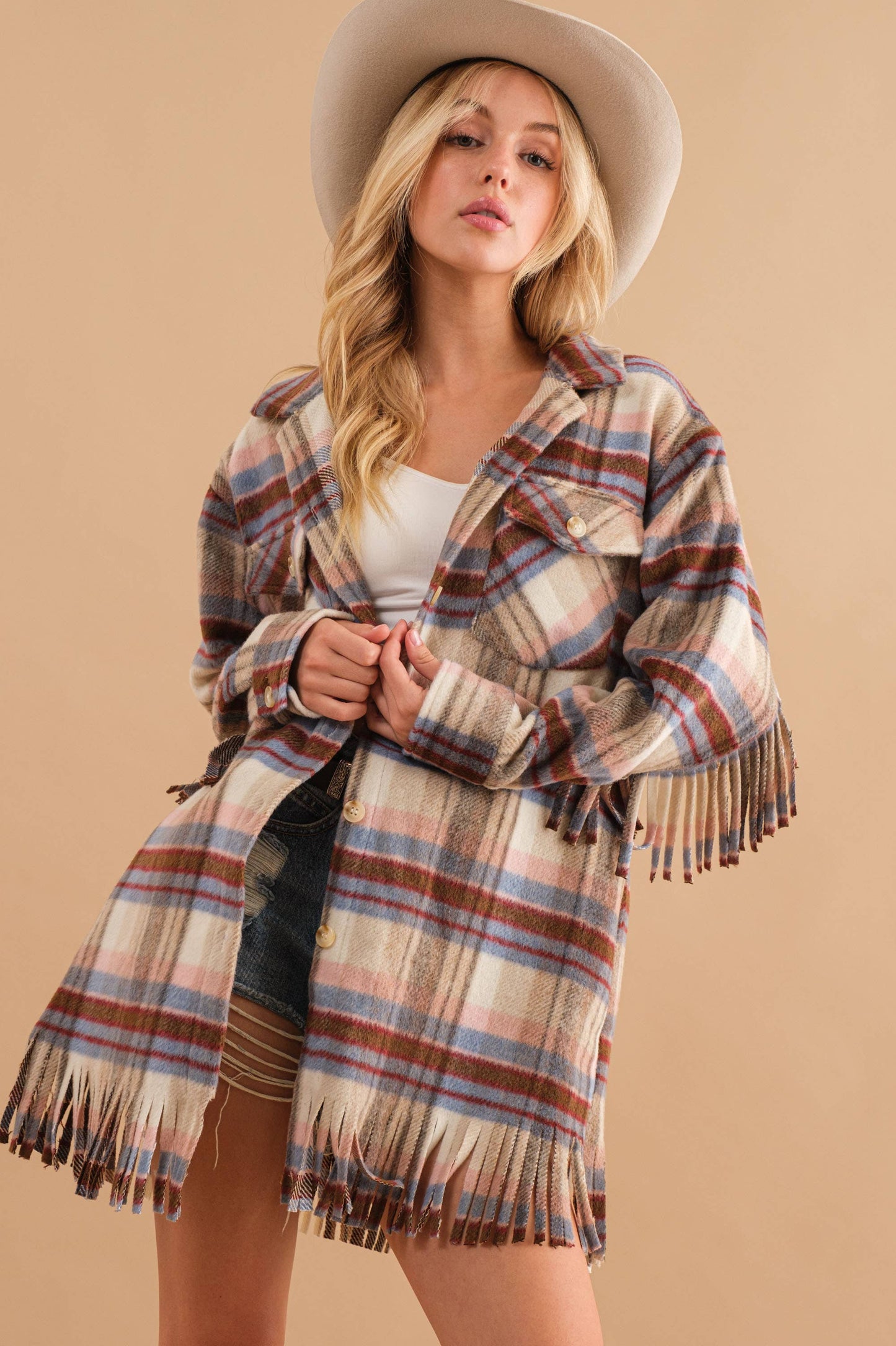 Blue B - 32777J - Yarn Dyed Plaid Chest Pocket Fringe Bottom Jacket: BROWN / L