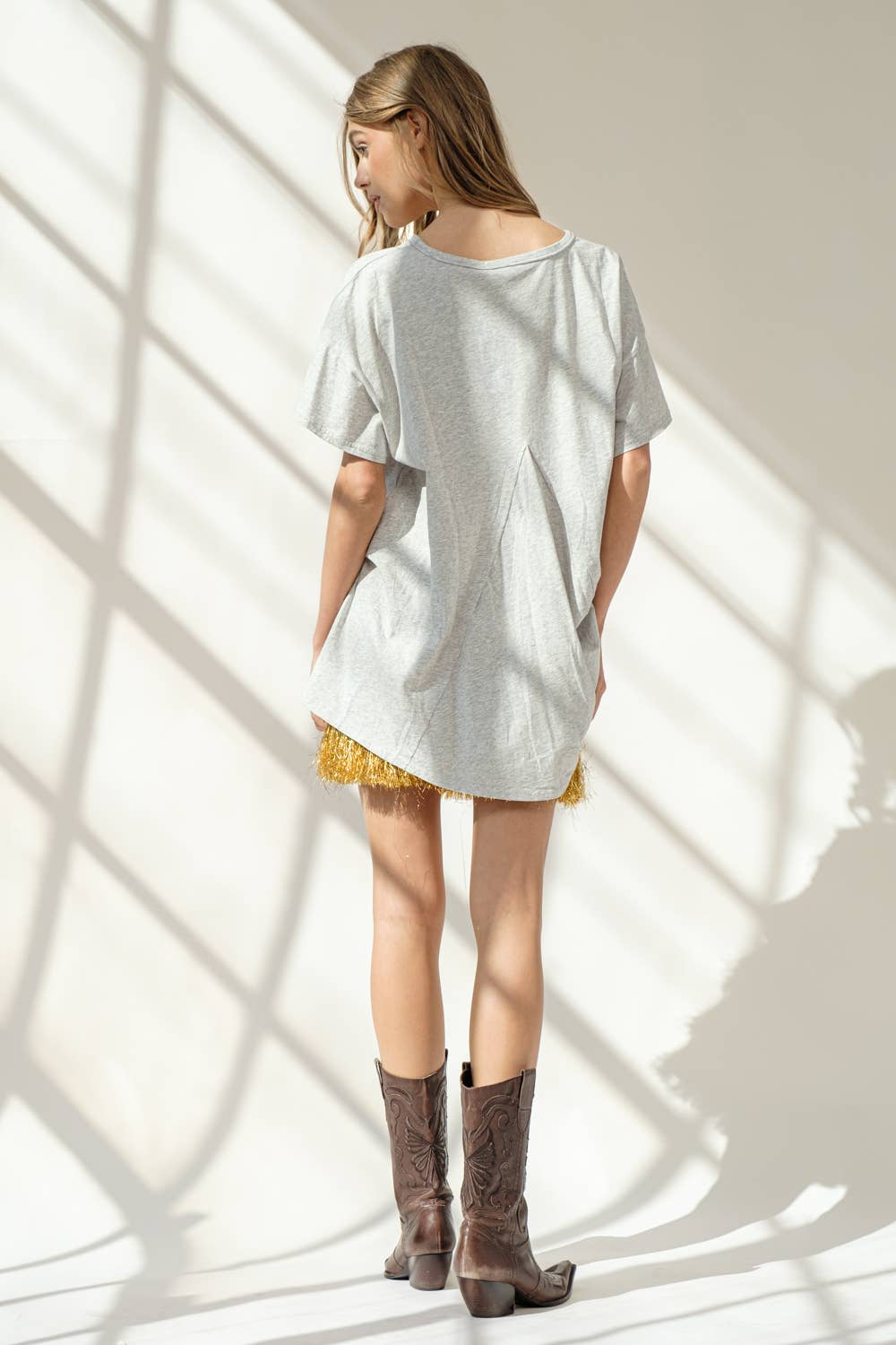 Blue B - 32487T - Cotton Sequin Western Boot Fringe Loose Side Tee: HEATHER GREY / SMALL