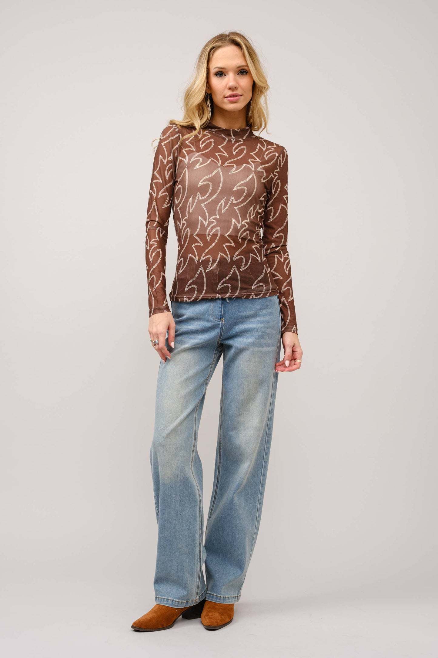 Blue B - 36349T - Boots Stitch Throughout Mesh Mock Neck Fitted Top: DARK BROWN / S-M-L (2-2-2)