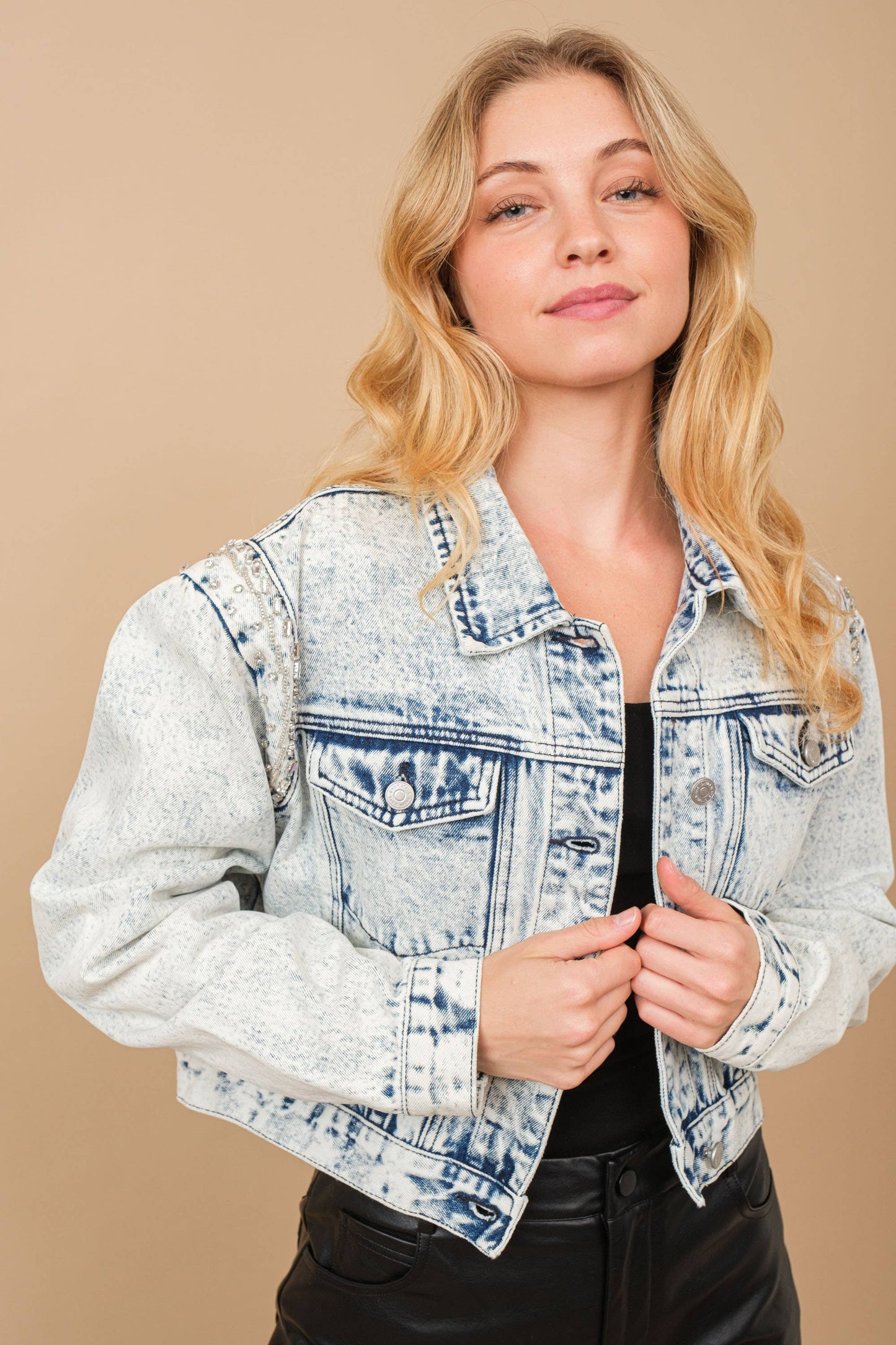 Blue B - 80037J - Acid Washed Shoulder Beading Denim Jacket: LIGHT WASH / M