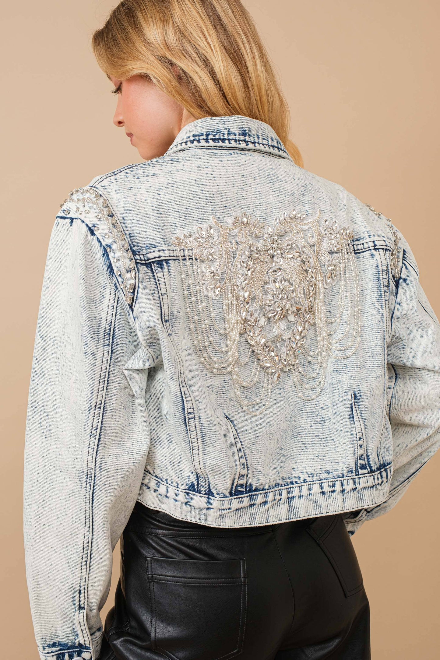 Blue B - 80037J - Acid Washed Shoulder Beading Denim Jacket: LIGHT WASH / M