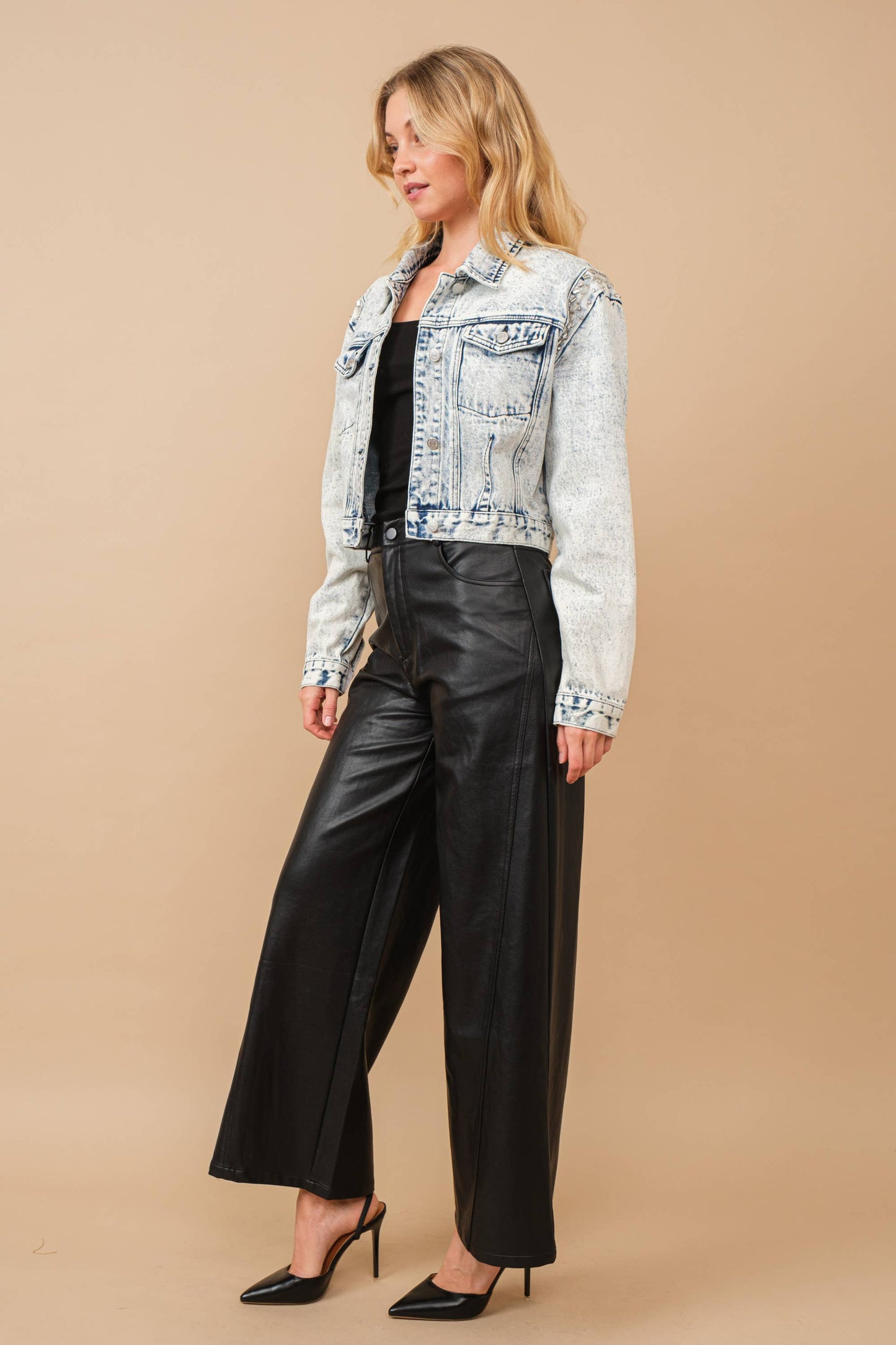 Blue B - 80037J - Acid Washed Shoulder Beading Denim Jacket: LIGHT WASH / L