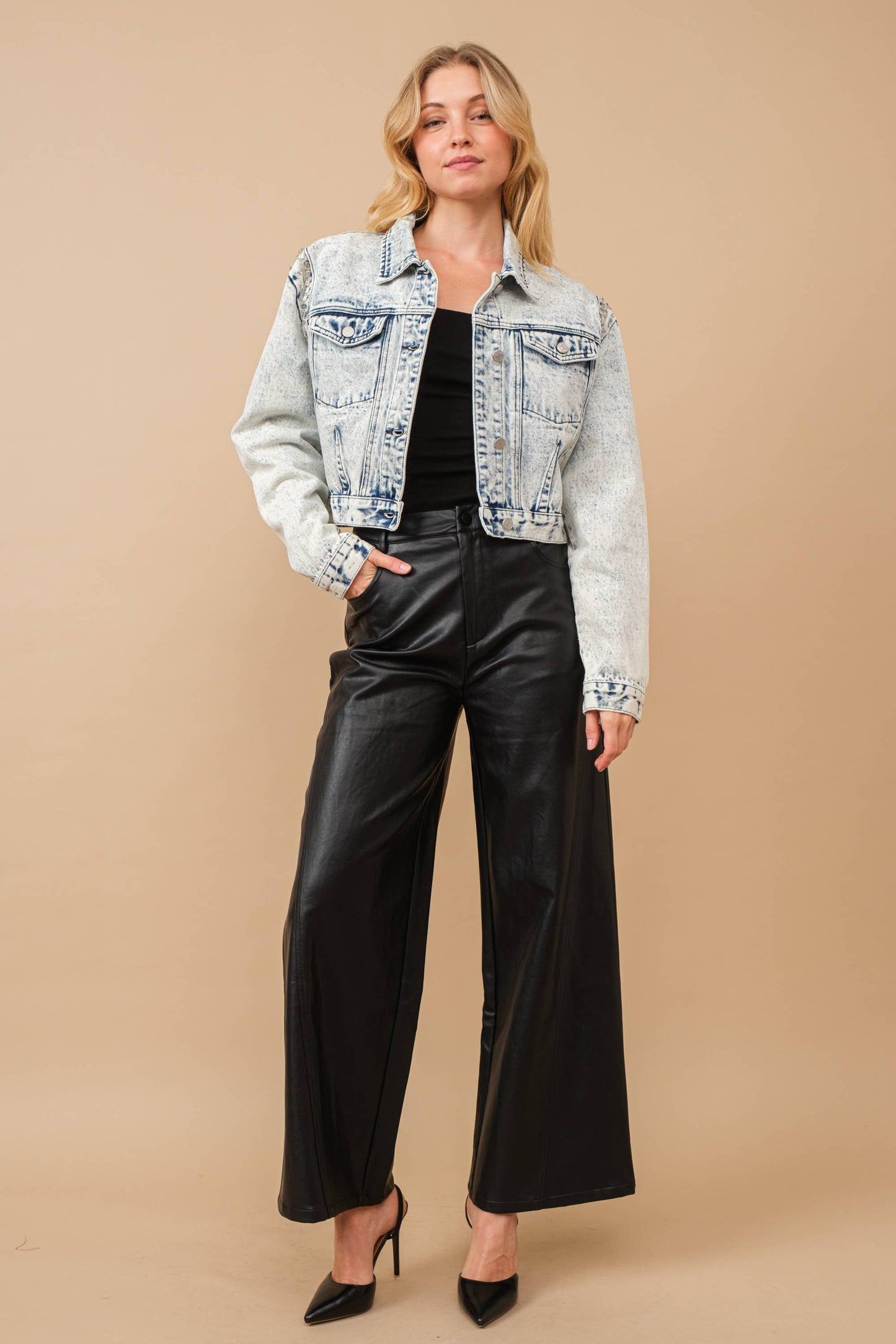 Blue B - 80037J - Acid Washed Shoulder Beading Denim Jacket: LIGHT WASH / L