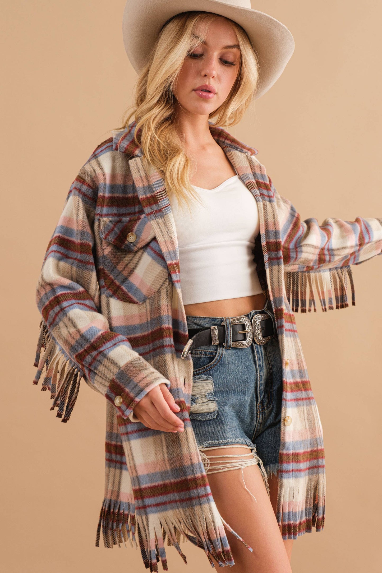 Blue B - 32777J - Yarn Dyed Plaid Chest Pocket Fringe Bottom Jacket: BROWN / M