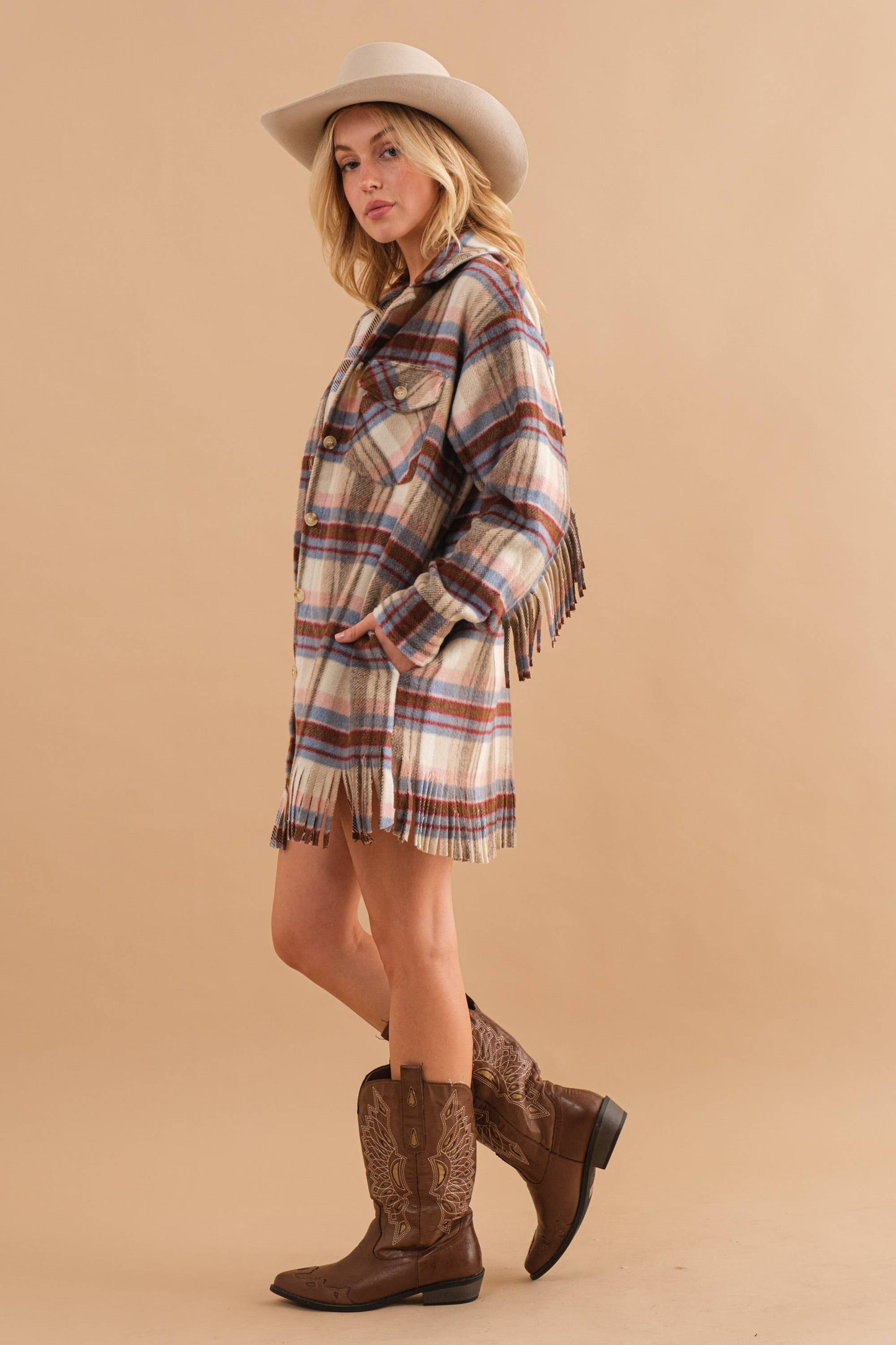 Blue B - 32777J - Yarn Dyed Plaid Chest Pocket Fringe Bottom Jacket: BROWN / L