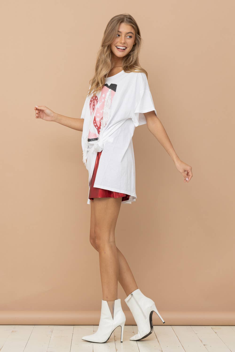 Blue B - 32487T - Cotton Sequin Western Boot Fringe Loose Side Tee: HEATHER GREY / SMALL