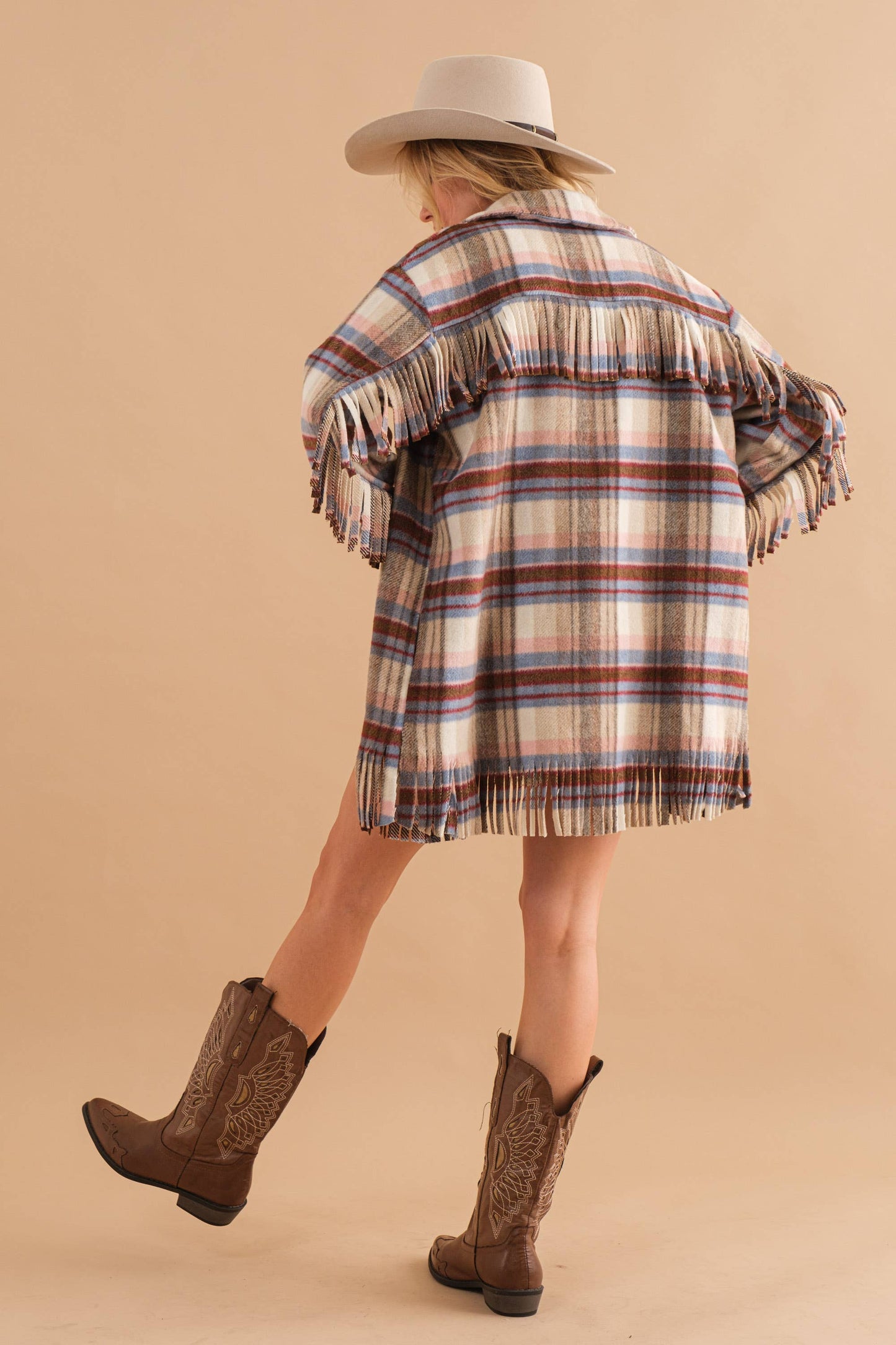 Blue B - 32777J - Yarn Dyed Plaid Chest Pocket Fringe Bottom Jacket: BROWN / M