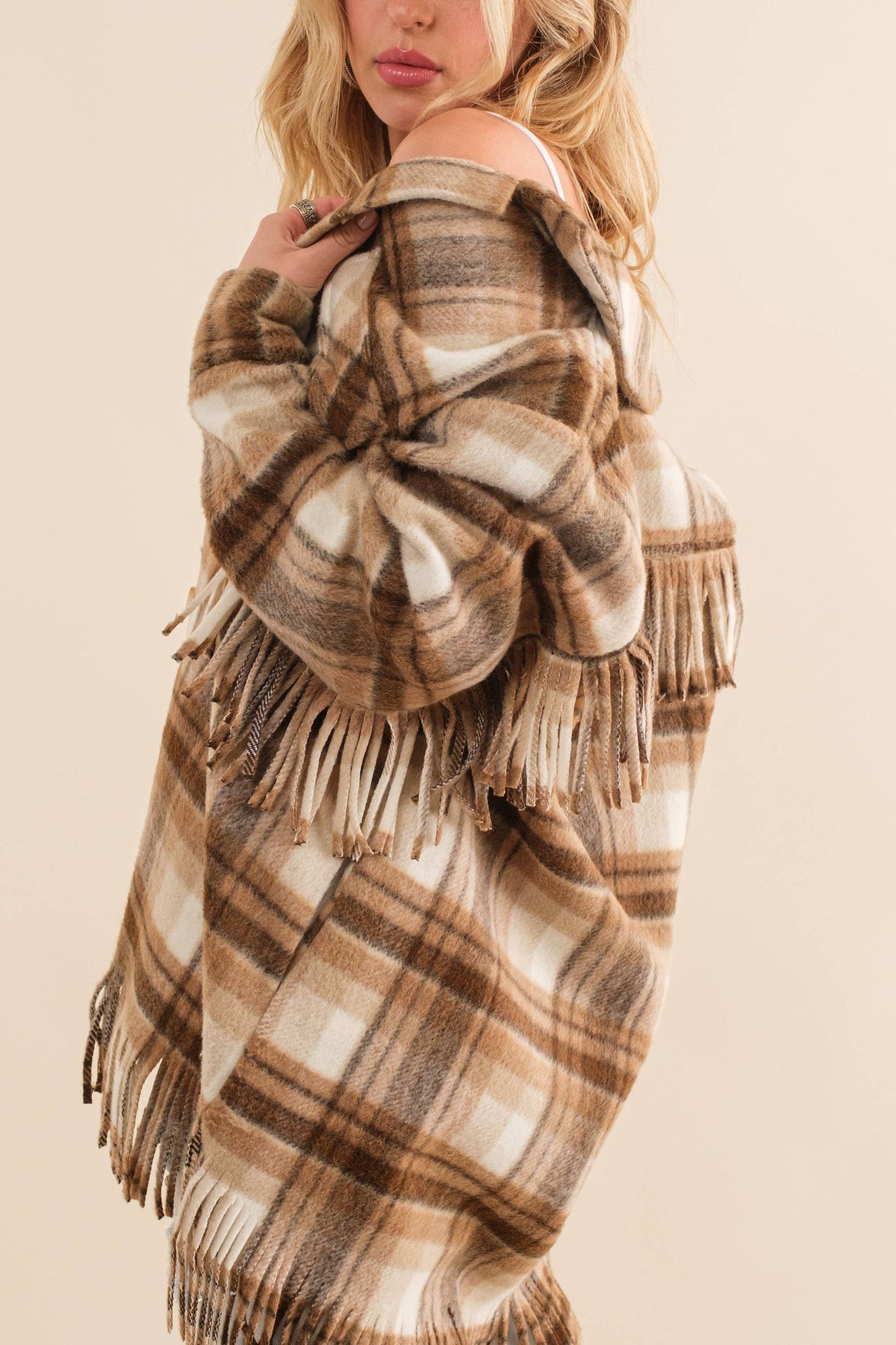 Blue B - 32777J - Yarn Dyed Plaid Chest Pocket Fringe Bottom Jacket: BROWN / M