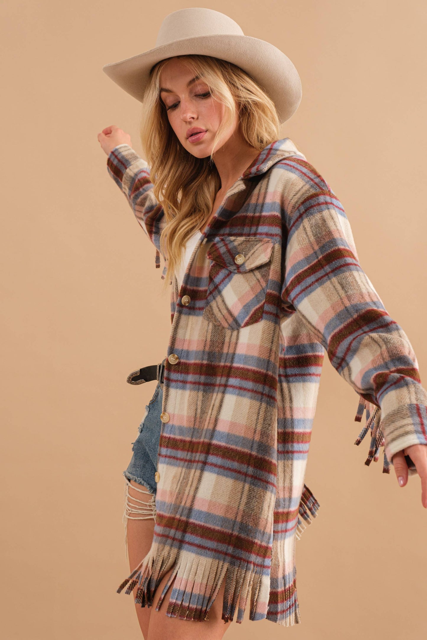 Blue B - 32777J - Yarn Dyed Plaid Chest Pocket Fringe Bottom Jacket: BROWN / L