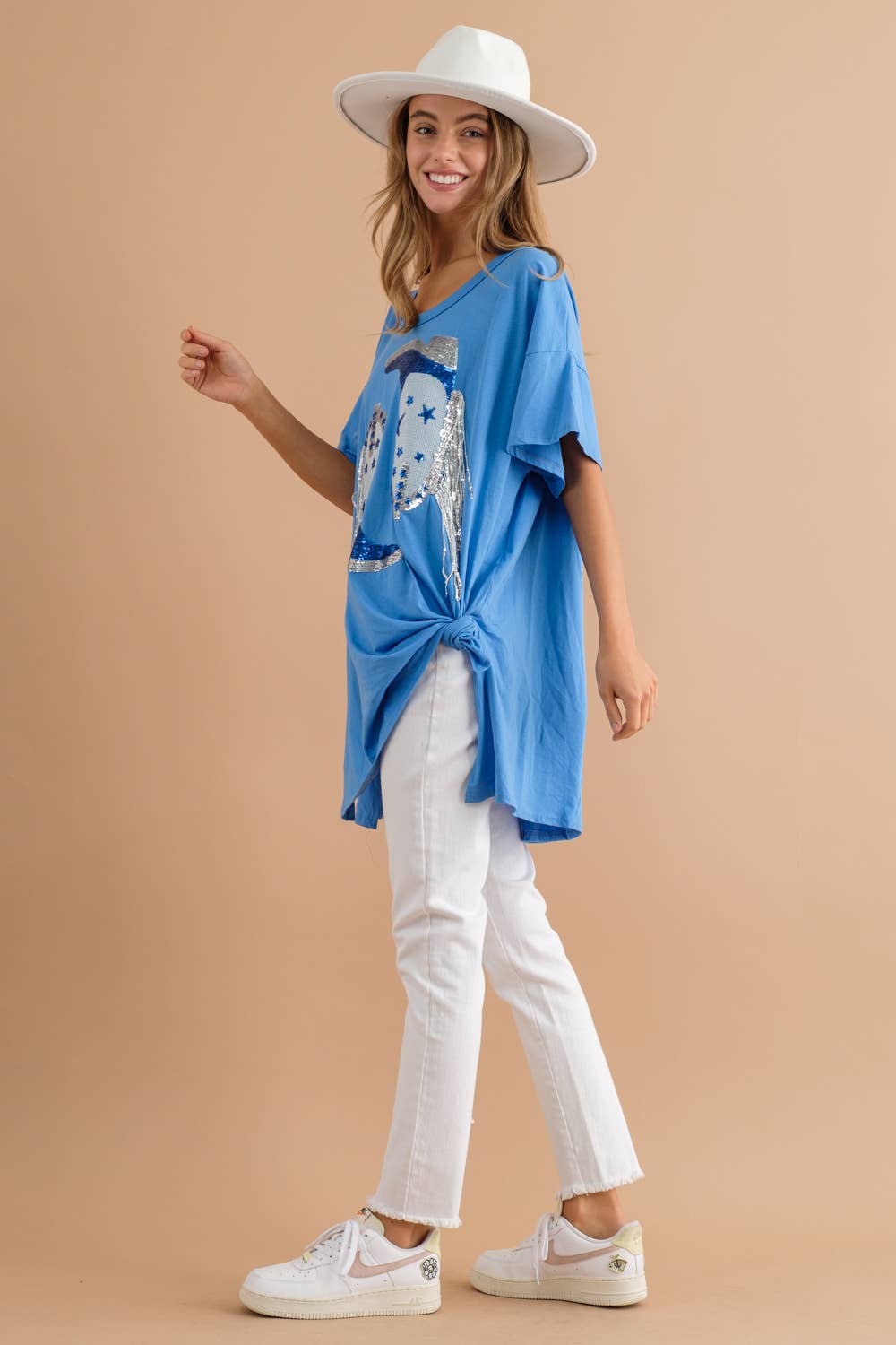 Blue B - 32487T - Cotton Sequin Western Boot Fringe Loose Side Tee: HEATHER GREY / MEDIUM