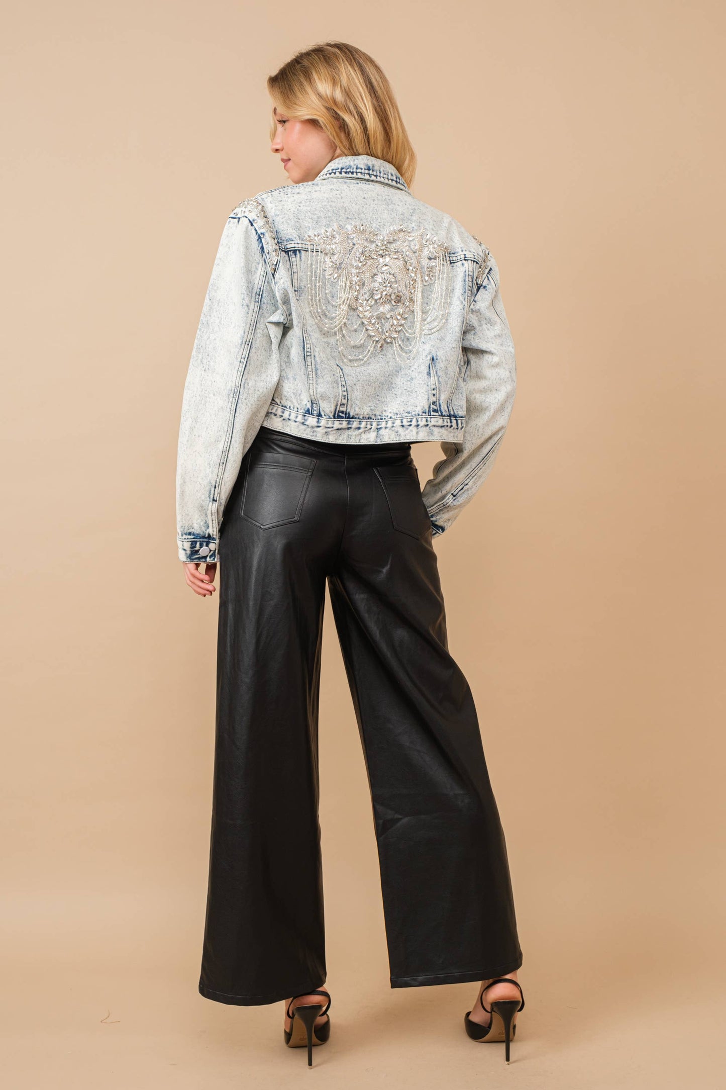 Blue B - 80037J - Acid Washed Shoulder Beading Denim Jacket: LIGHT WASH / S