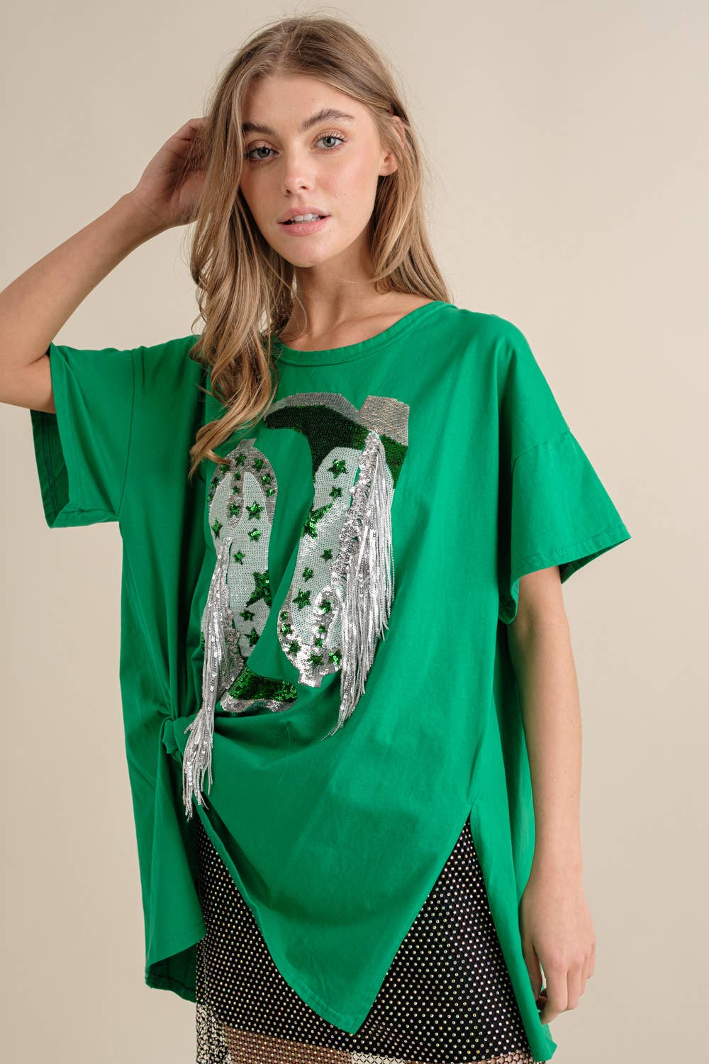 Blue B - 32487T - Cotton Sequin Western Boot Fringe Loose Side Tee: HEATHER GREY / SMALL