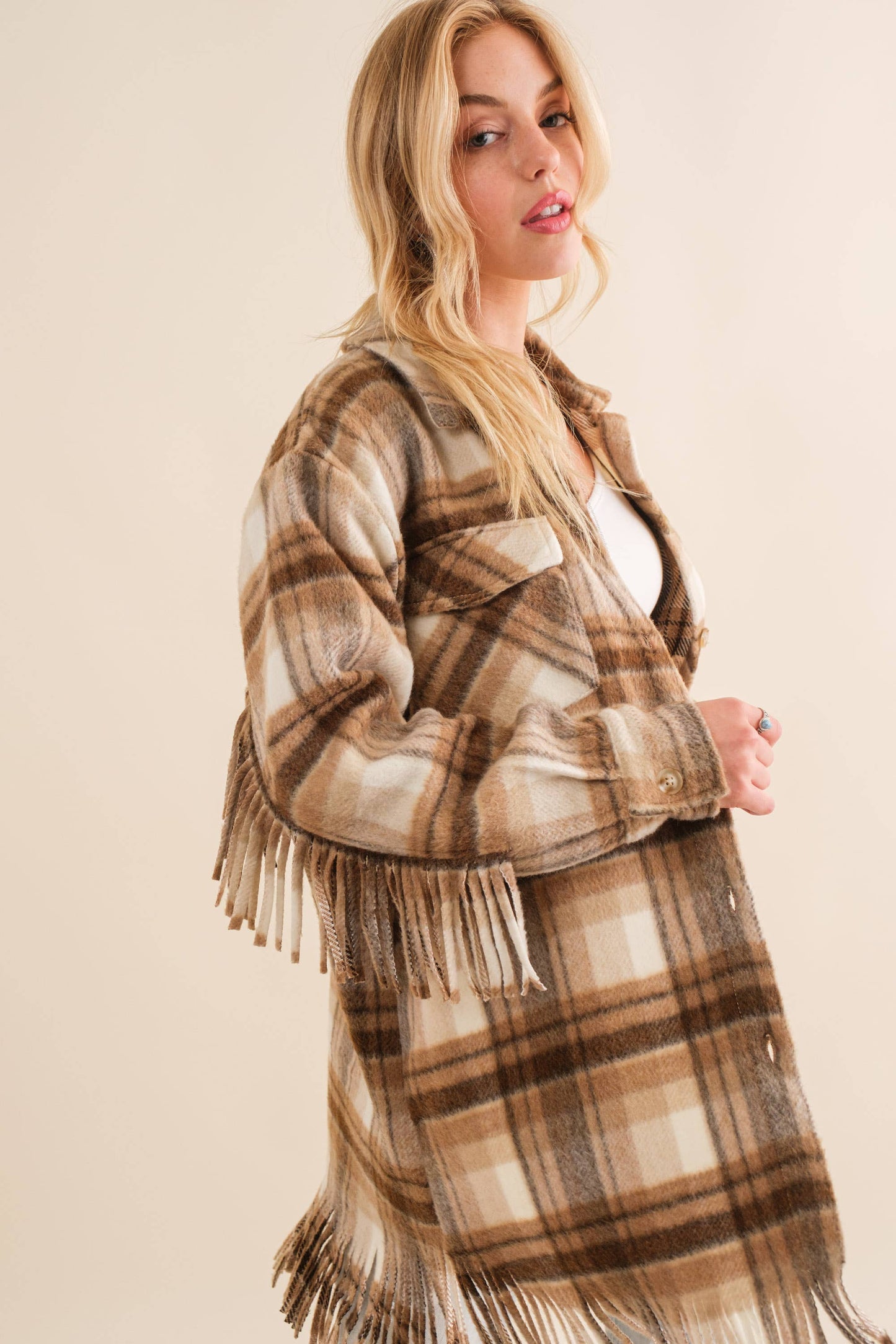 Blue B - 32777J - Yarn Dyed Plaid Chest Pocket Fringe Bottom Jacket: BROWN / S