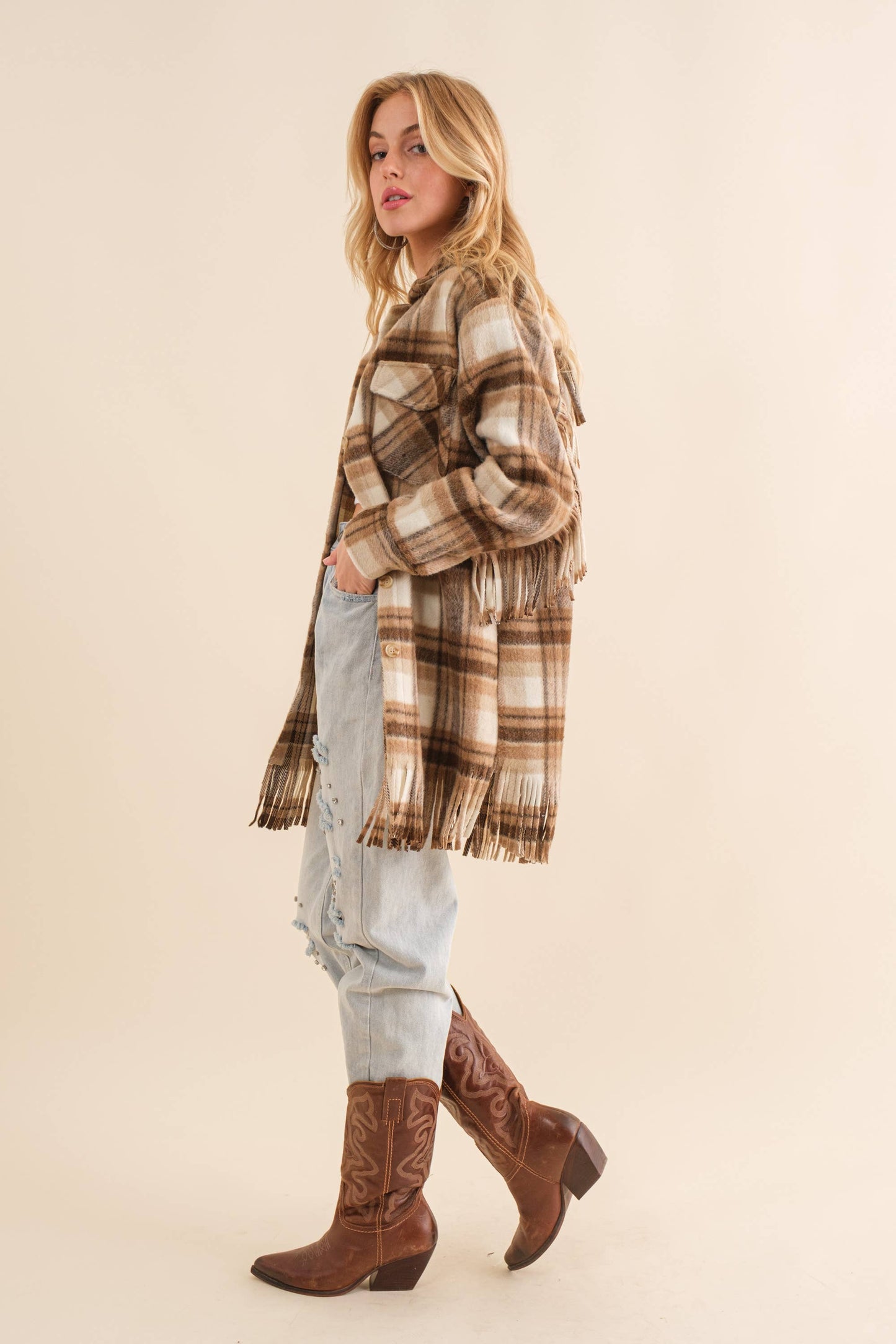 Blue B - 32777J - Yarn Dyed Plaid Chest Pocket Fringe Bottom Jacket: BROWN / L