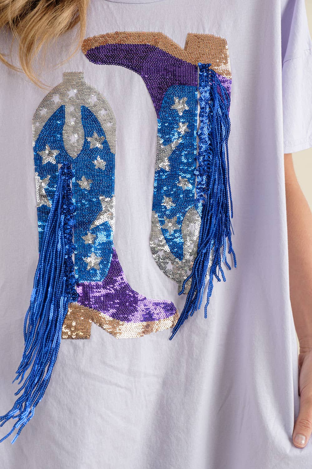 Blue B - 32487T - Cotton Sequin Western Boot Fringe Loose Side Tee: HEATHER GREY / MEDIUM