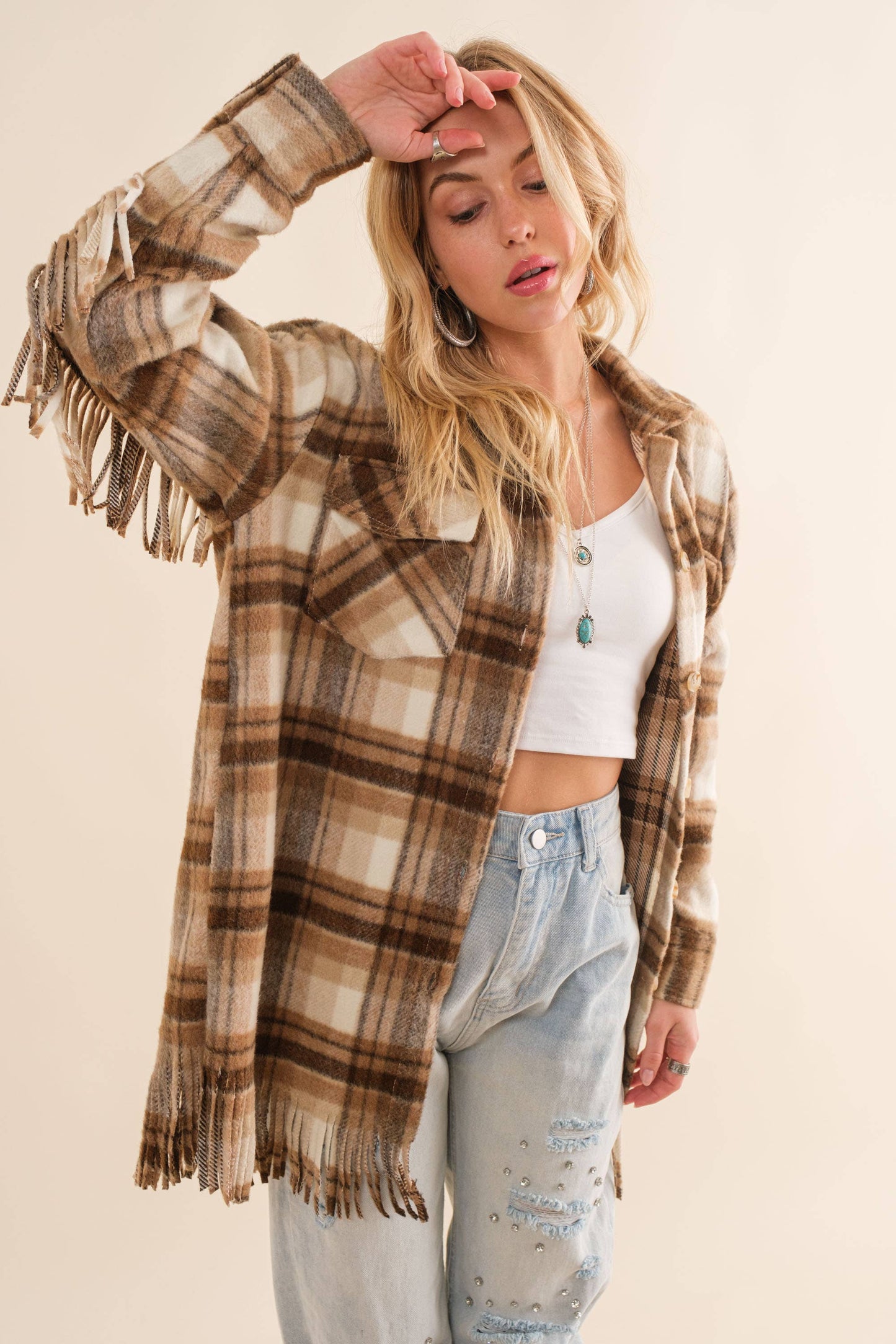 Blue B - 32777J - Yarn Dyed Plaid Chest Pocket Fringe Bottom Jacket: BROWN / L