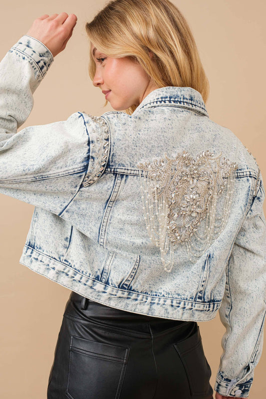 Blue B - 80037J - Acid Washed Shoulder Beading Denim Jacket: LIGHT WASH / M