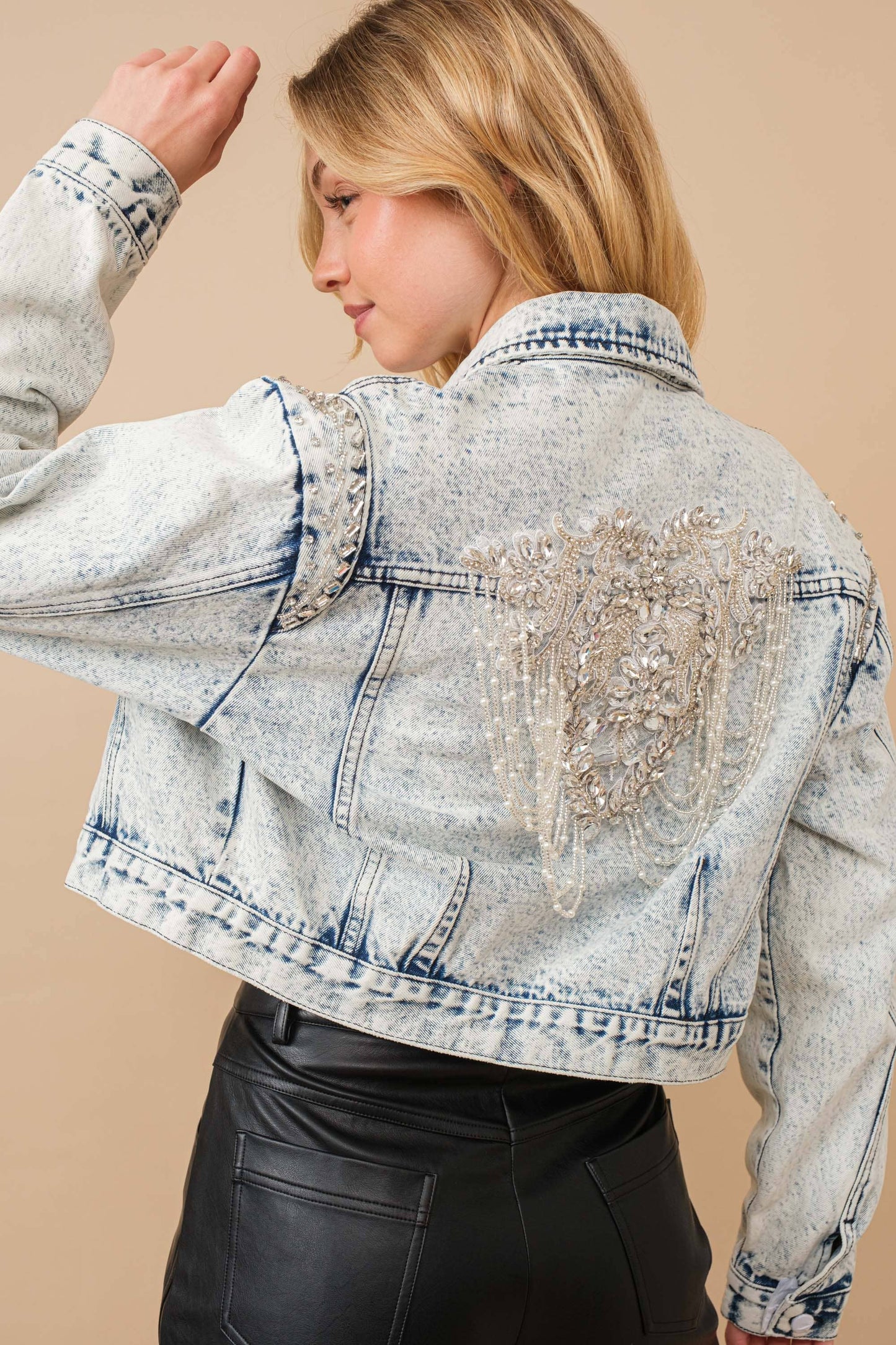 Blue B - 80037J - Acid Washed Shoulder Beading Denim Jacket: LIGHT WASH / S