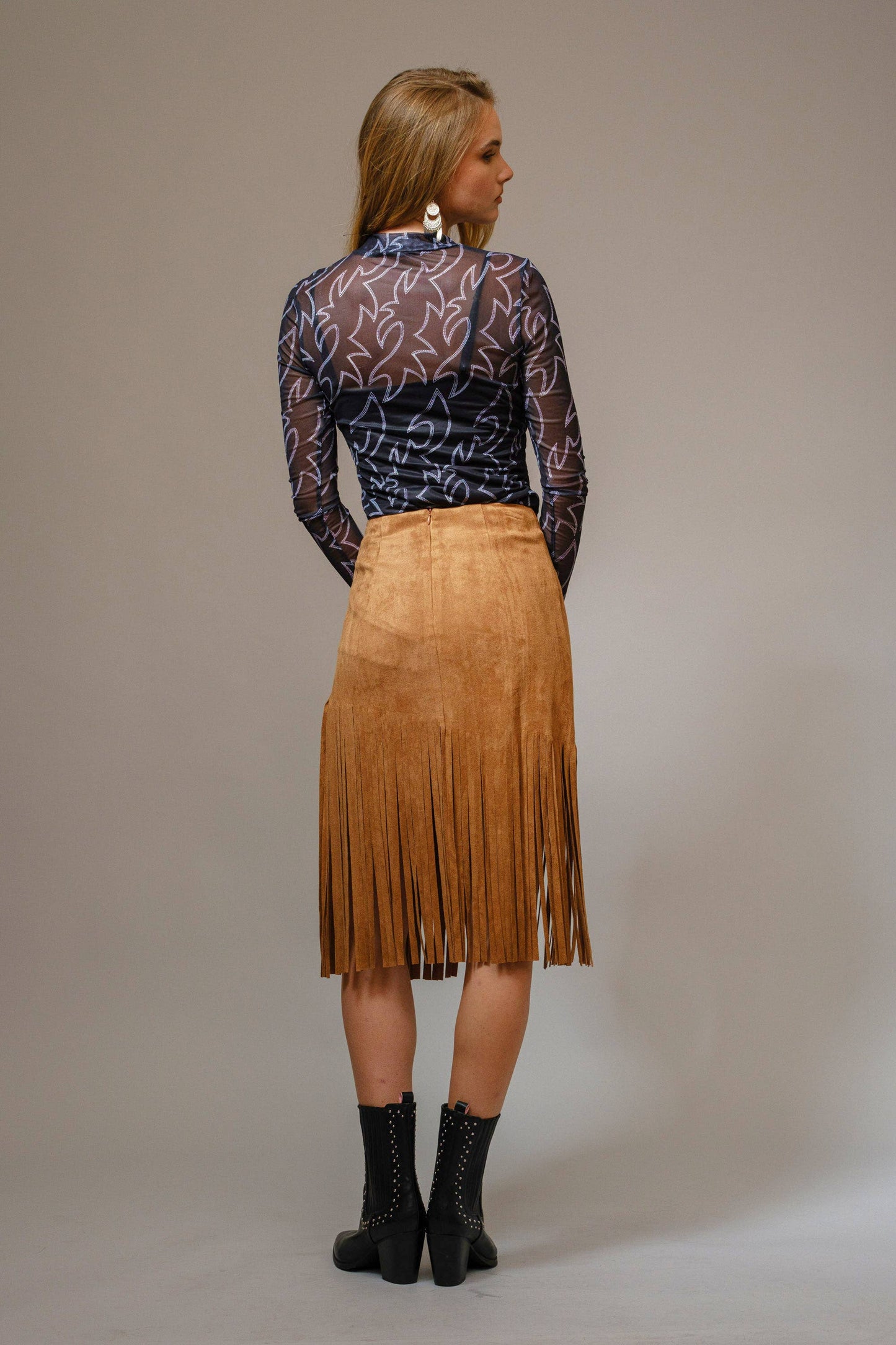 Blue B - 36349T - Boots Stitch Throughout Mesh Mock Neck Fitted Top: DARK BROWN / S-M-L (2-2-2)