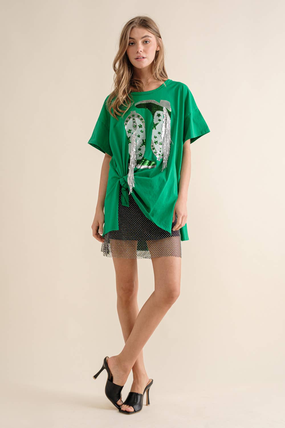 Blue B - 32487T - Cotton Sequin Western Boot Fringe Loose Side Tee: HEATHER GREY / LARGE