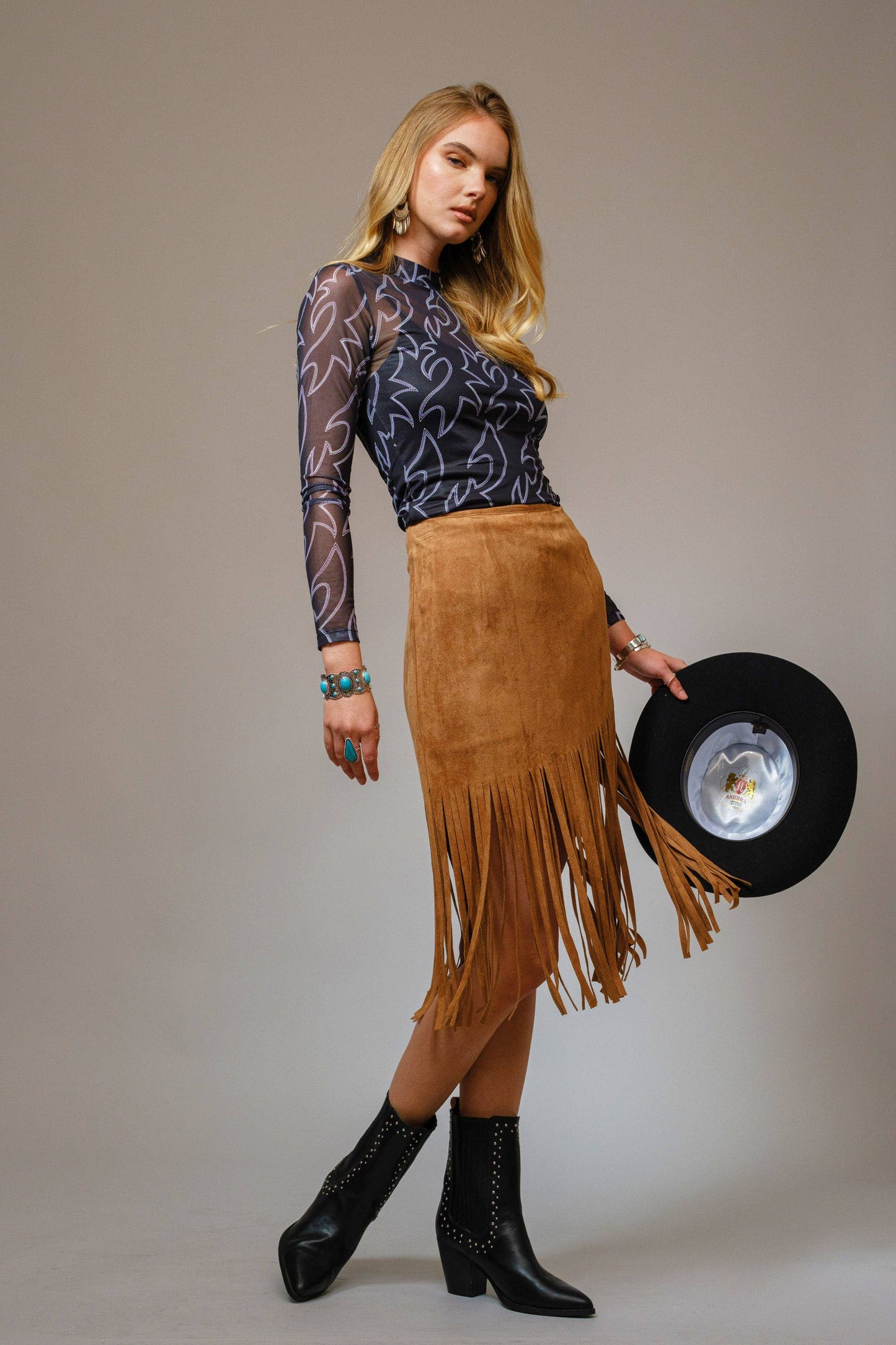 Blue B - 36349T - Boots Stitch Throughout Mesh Mock Neck Fitted Top: DARK BROWN / S-M-L (2-2-2)