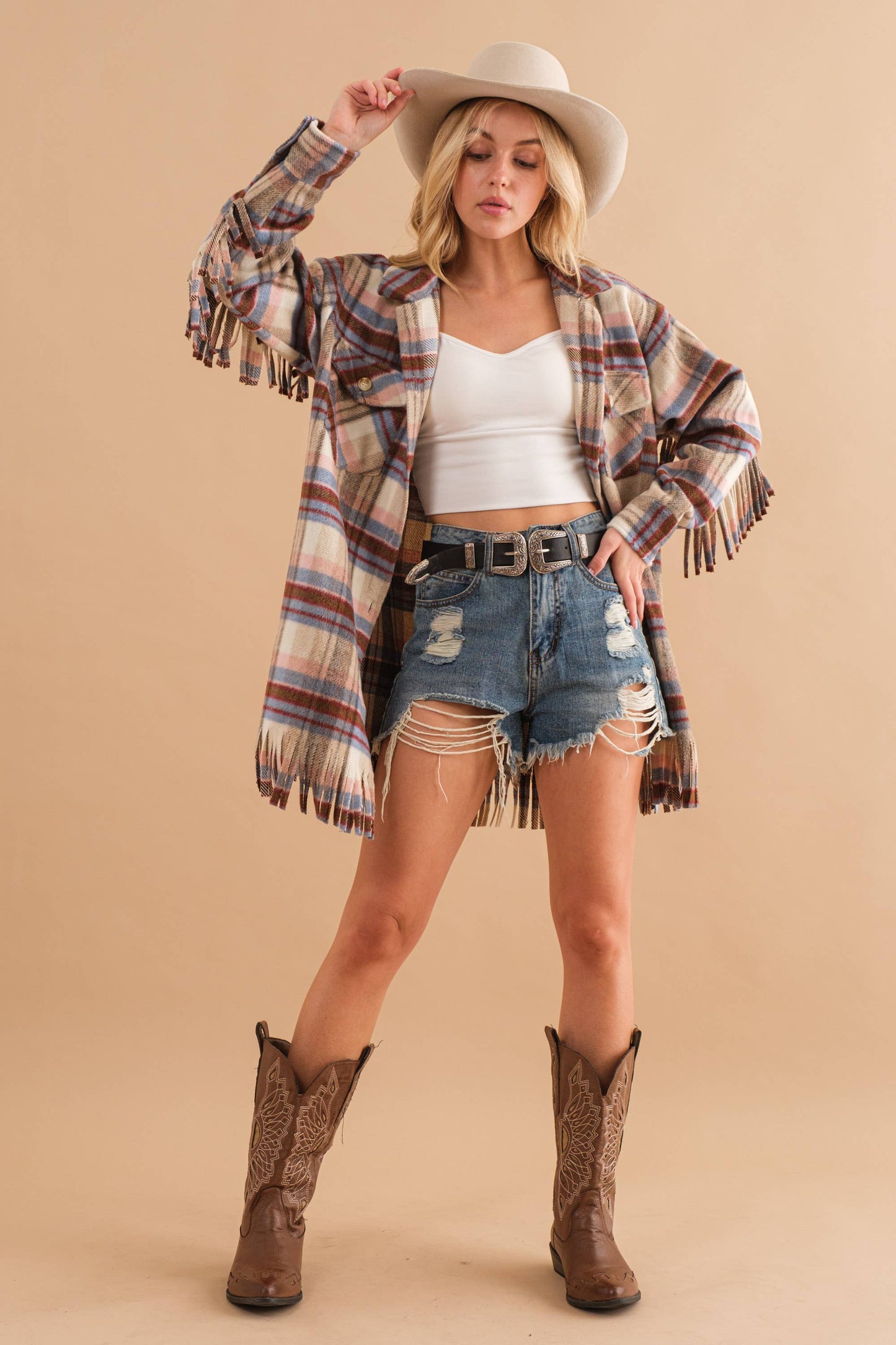 Blue B - 32777J - Yarn Dyed Plaid Chest Pocket Fringe Bottom Jacket: BROWN / L