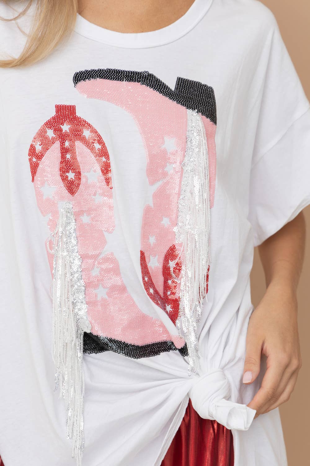 Blue B - 32487T - Cotton Sequin Western Boot Fringe Loose Side Tee: HEATHER GREY / SMALL