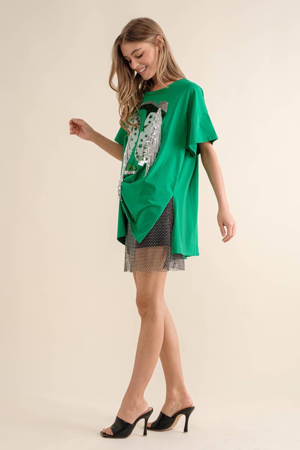 Blue B - 32487T - Cotton Sequin Western Boot Fringe Loose Side Tee: HEATHER GREY / SMALL