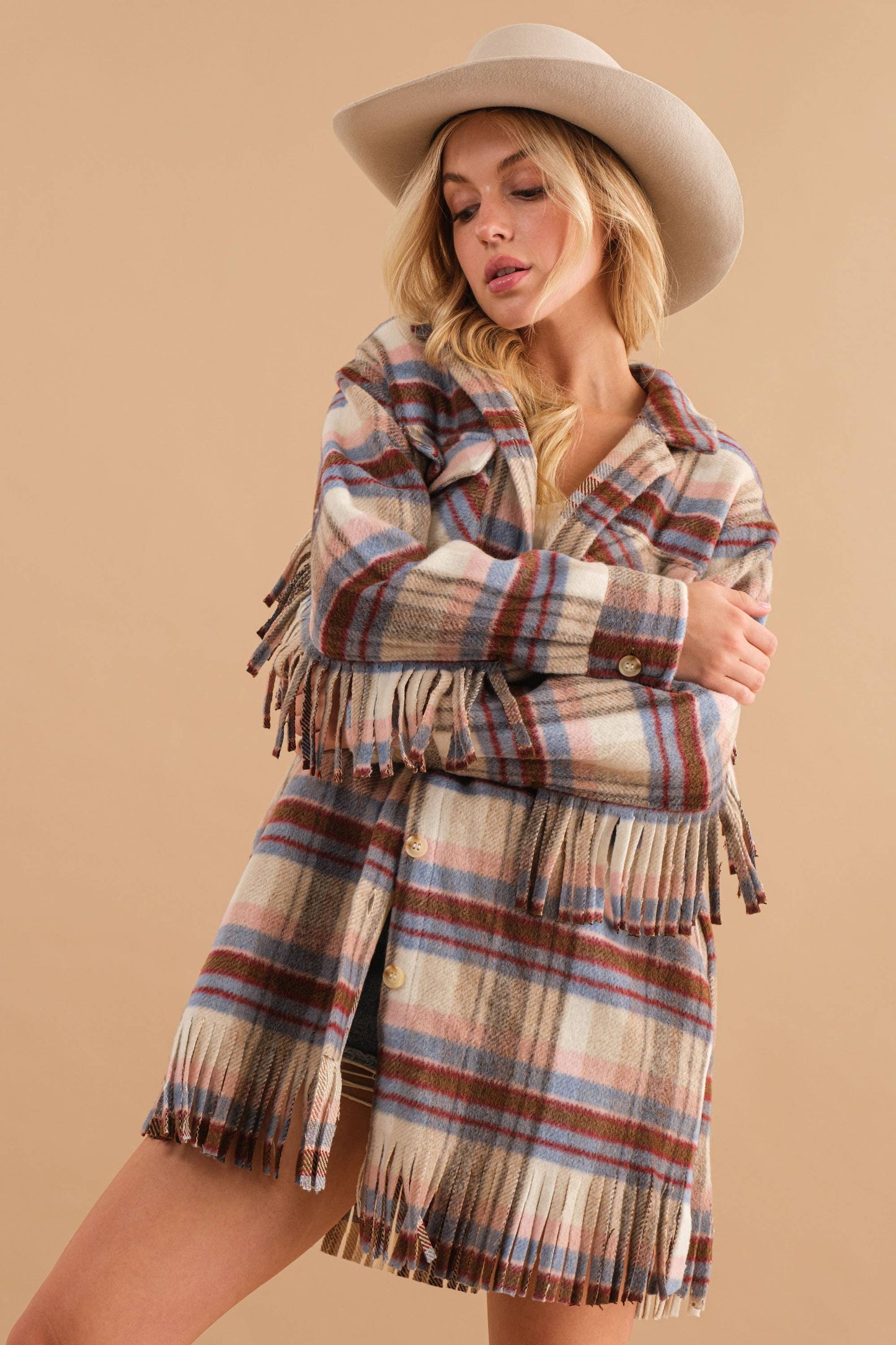 Blue B - 32777J - Yarn Dyed Plaid Chest Pocket Fringe Bottom Jacket: BROWN / S