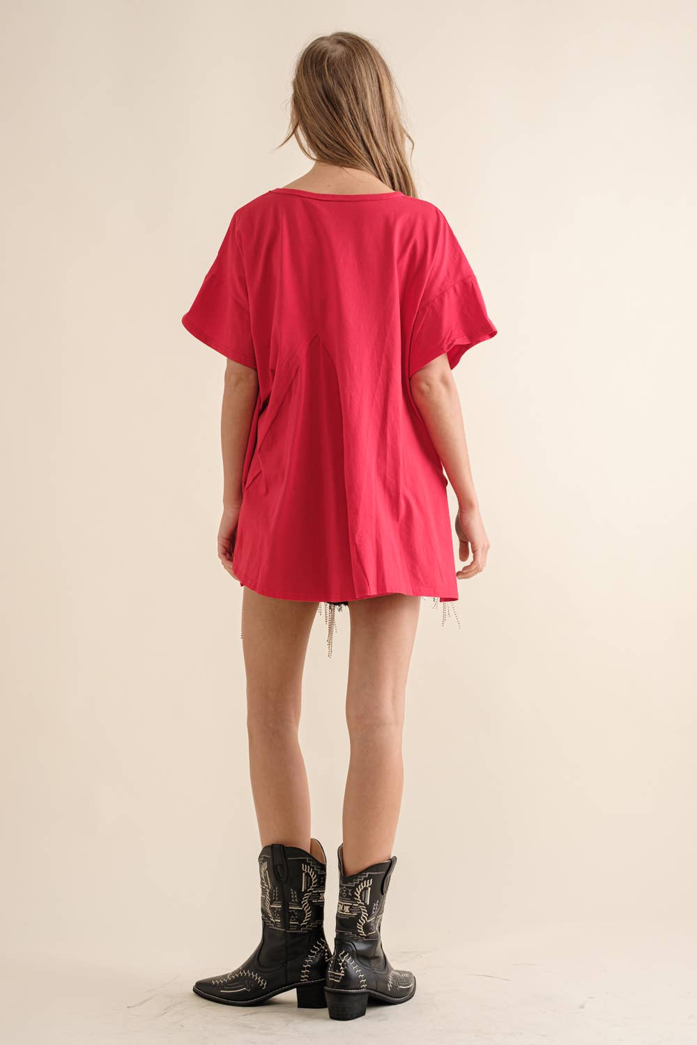 Blue B - 32487T - Cotton Sequin Western Boot Fringe Loose Side Tee: HEATHER GREY / MEDIUM